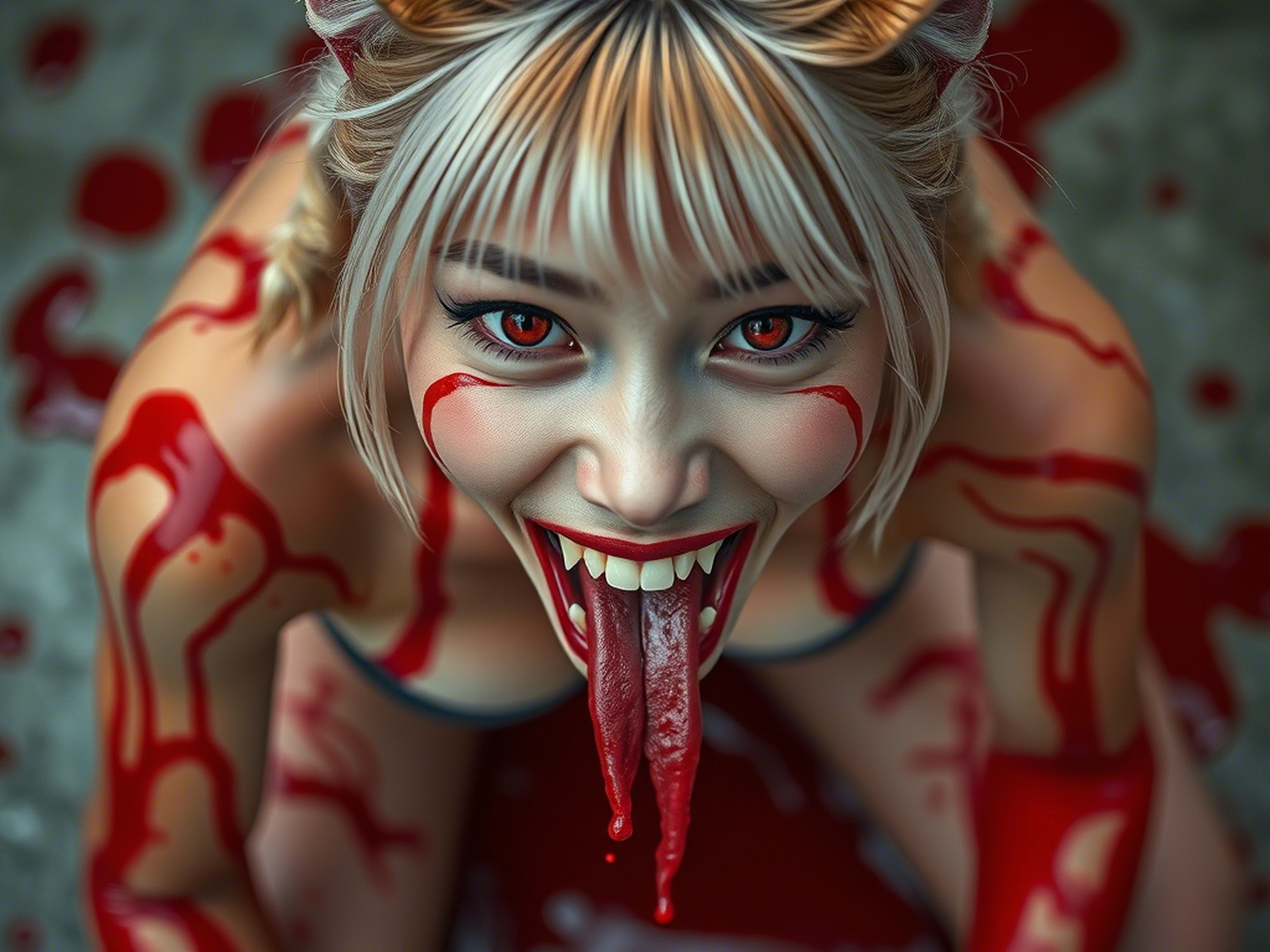 Hyper-realistic portrait of an Asian demonic 18-year-old woman with kneeling, open-mouthed, with fangs looking at the camera from above. Long