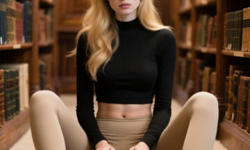 A stunning young woman sitting on a soft beige carpet in a cozy library