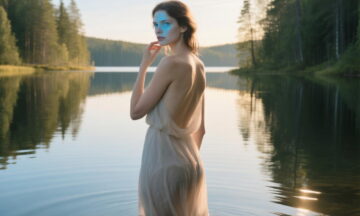 A woman stands in a serene lake, her back to the viewer, looking over her shoulder with light blue eyes