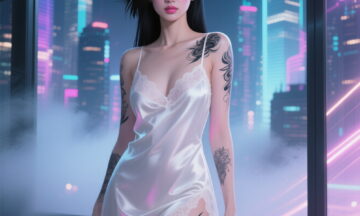 Cinematic digital illustration of a young Southeast Asian woman, 27–29 years old, with fair skin, hourglass figure with slim waist