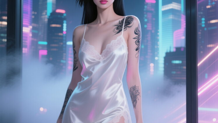 Cinematic digital illustration of a young Southeast Asian woman, 27–29 years old, with fair skin, hourglass figure with slim waist