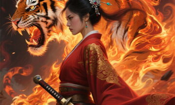 Digital fantasy painting of a fierce woman in profile, with a determined expression. She has an elaborate dark hair updo