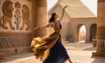 Model dancing in a Babylonian courtyard