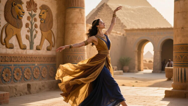 Model dancing in a Babylonian courtyard