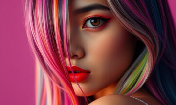 A hyper-realistic, ultra-detailed portrait of a stunning young Indonesian woman with long, flowing hair styled in dramatic multi-color highlights vibrant