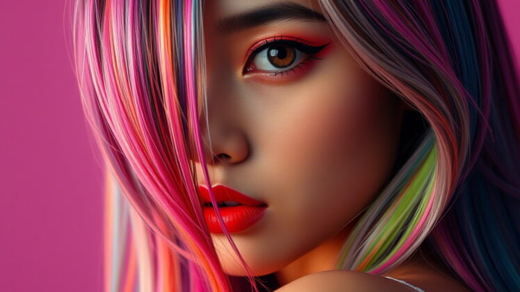 A hyper-realistic, ultra-detailed portrait of a stunning young Indonesian woman with long, flowing hair styled in dramatic multi-color highlights vibrant