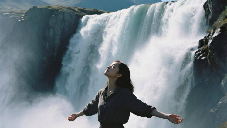 A cinematic analog photograph captured on CineStill 800T film.A cute woman standing tall behind a thunderous waterfall