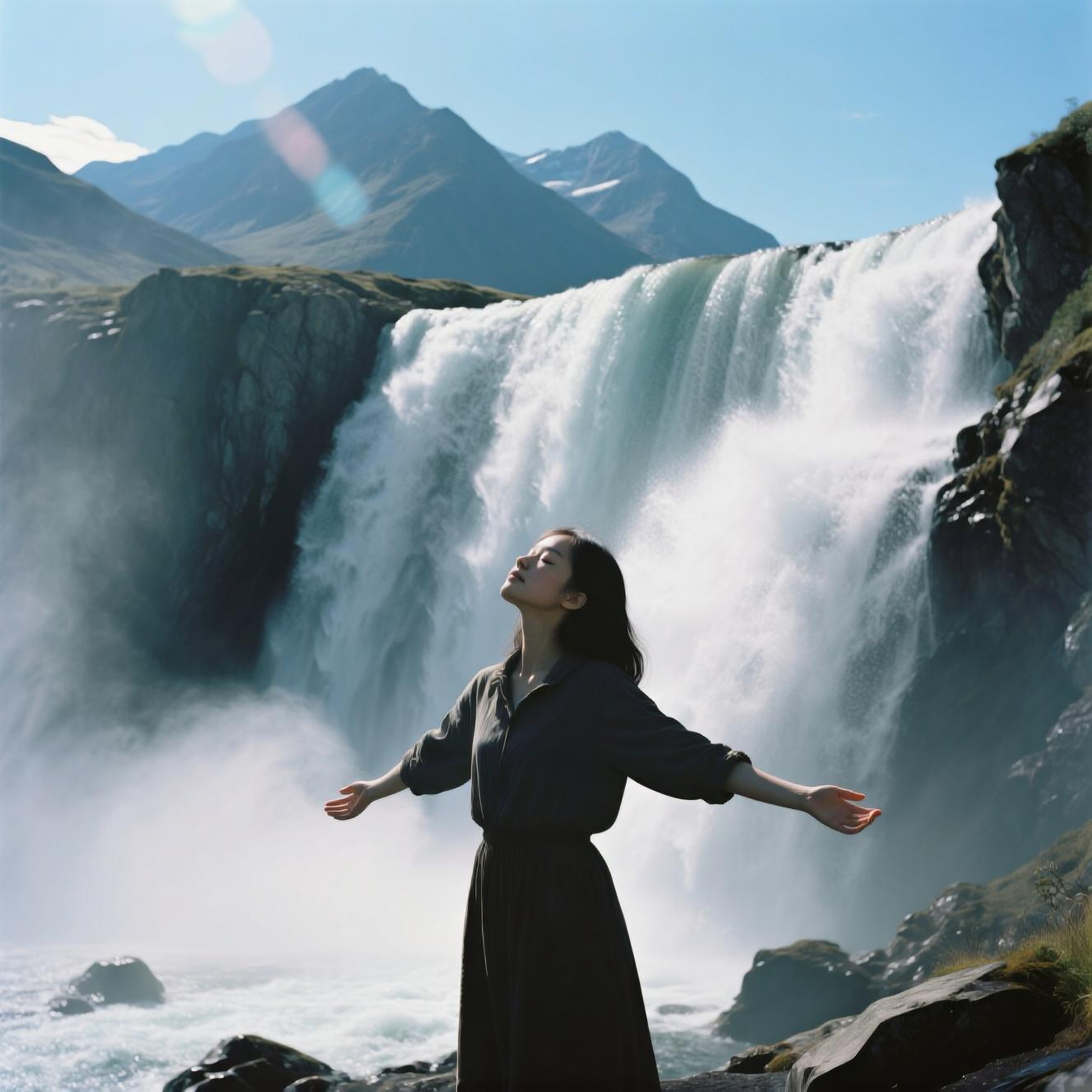 A cinematic analog photograph captured on CineStill 800T film.A cute woman standing tall behind a thunderous waterfall