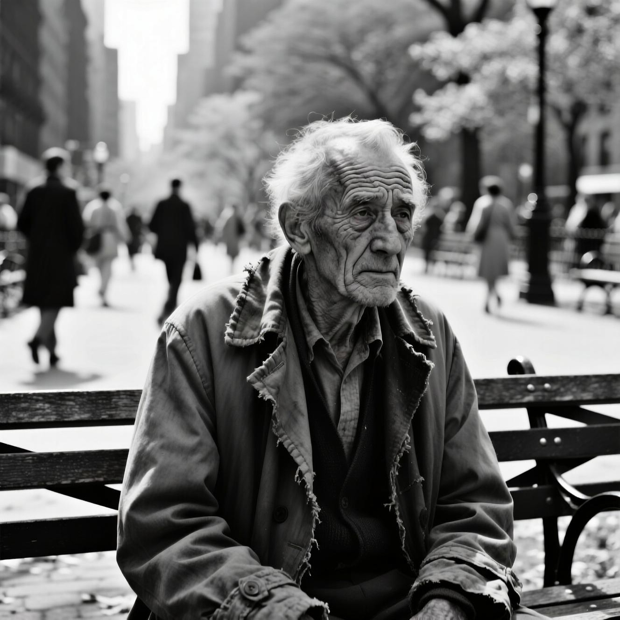Black and white photograph, shot on Kodak Tri-X 400 film, of an elderly man with a weathered face, sitting on