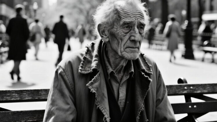 Black and white photograph, shot on Kodak Tri-X 400 film, of an elderly man with a weathered face, sitting on