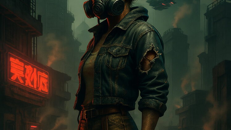 Concept art of a scavenger in a retro-futuristic dystopia, full-body character design sheet, side view. The character’s outfit is a