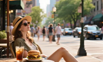 Create a hyper realistic image of a girl sitting at an outdoor restaurant beside the bustling city street. The scene