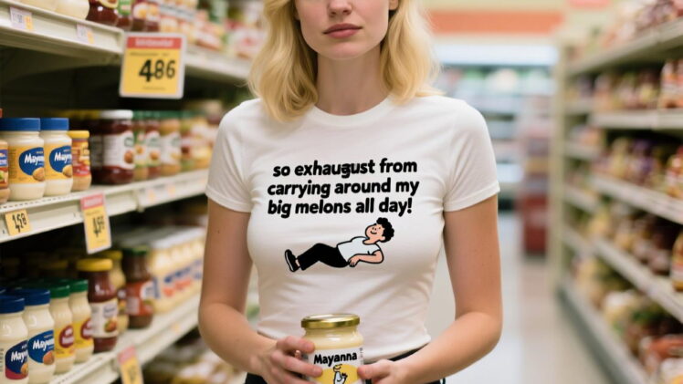 Create a photorealistic image of a blonde woman. she’s in a grocery store aisle