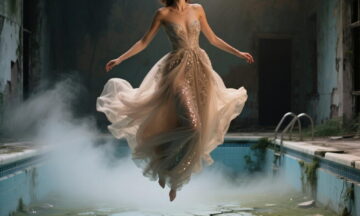 Female model in a couture gown floating on an abandoned pool. Glitter fog creeping in. Her skin warm and matte