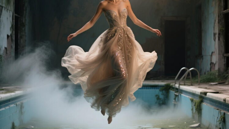 Female model in a couture gown floating on an abandoned pool. Glitter fog creeping in. Her skin warm and matte
