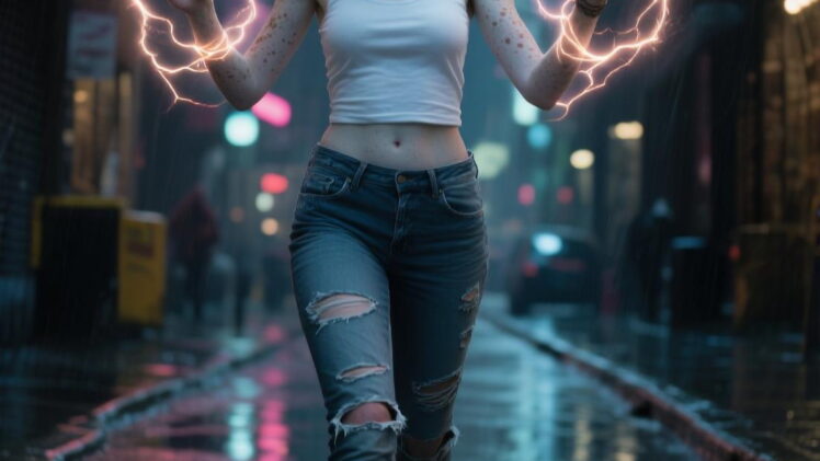 Generate a high quality photorealistic image of a woman walking down a big city street at midnight. She is petite