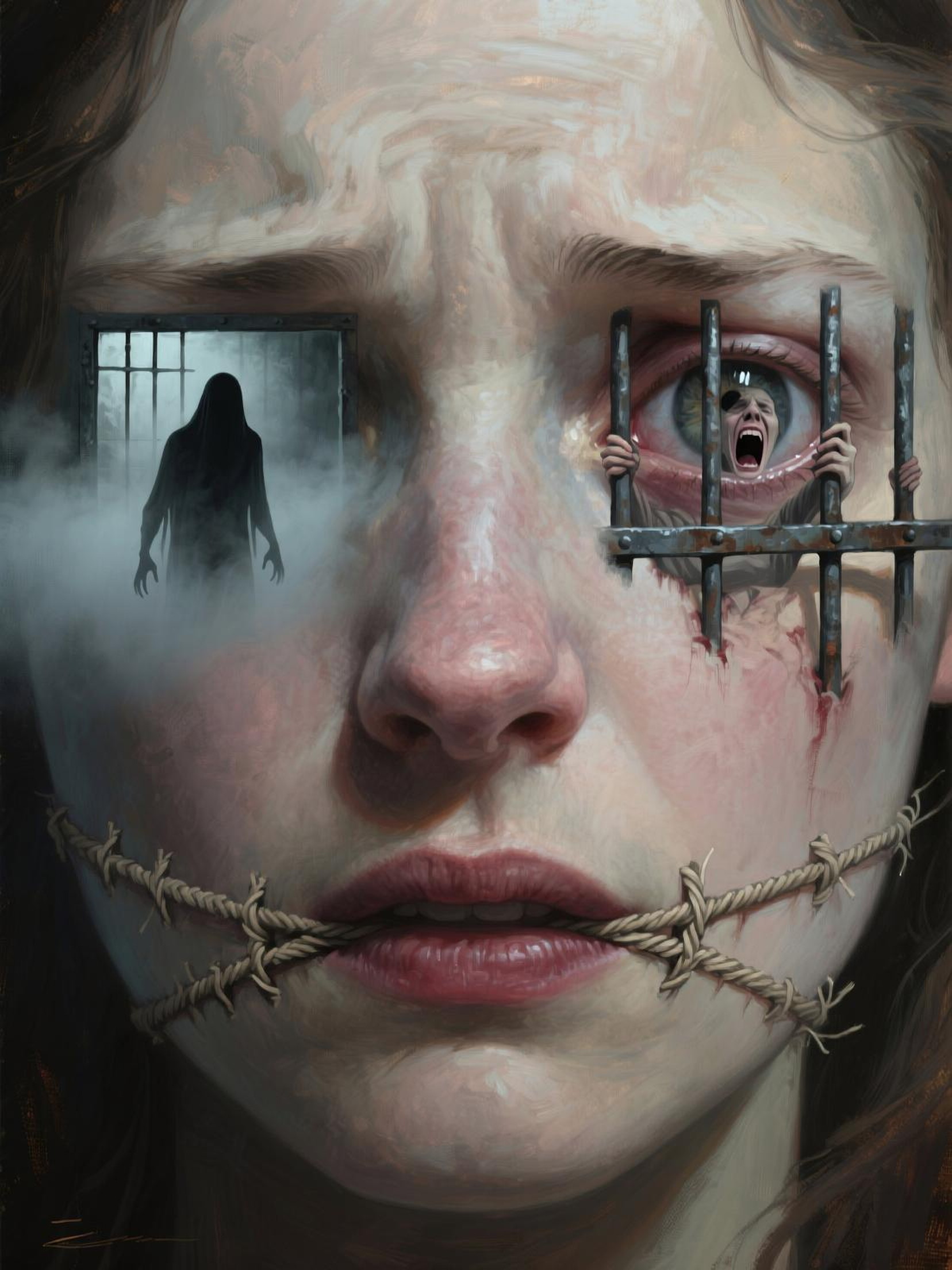 Le visage d’une belle femme. Dans la pupille droite, il y a un cri . Paniquée, celle-ci est derrière les