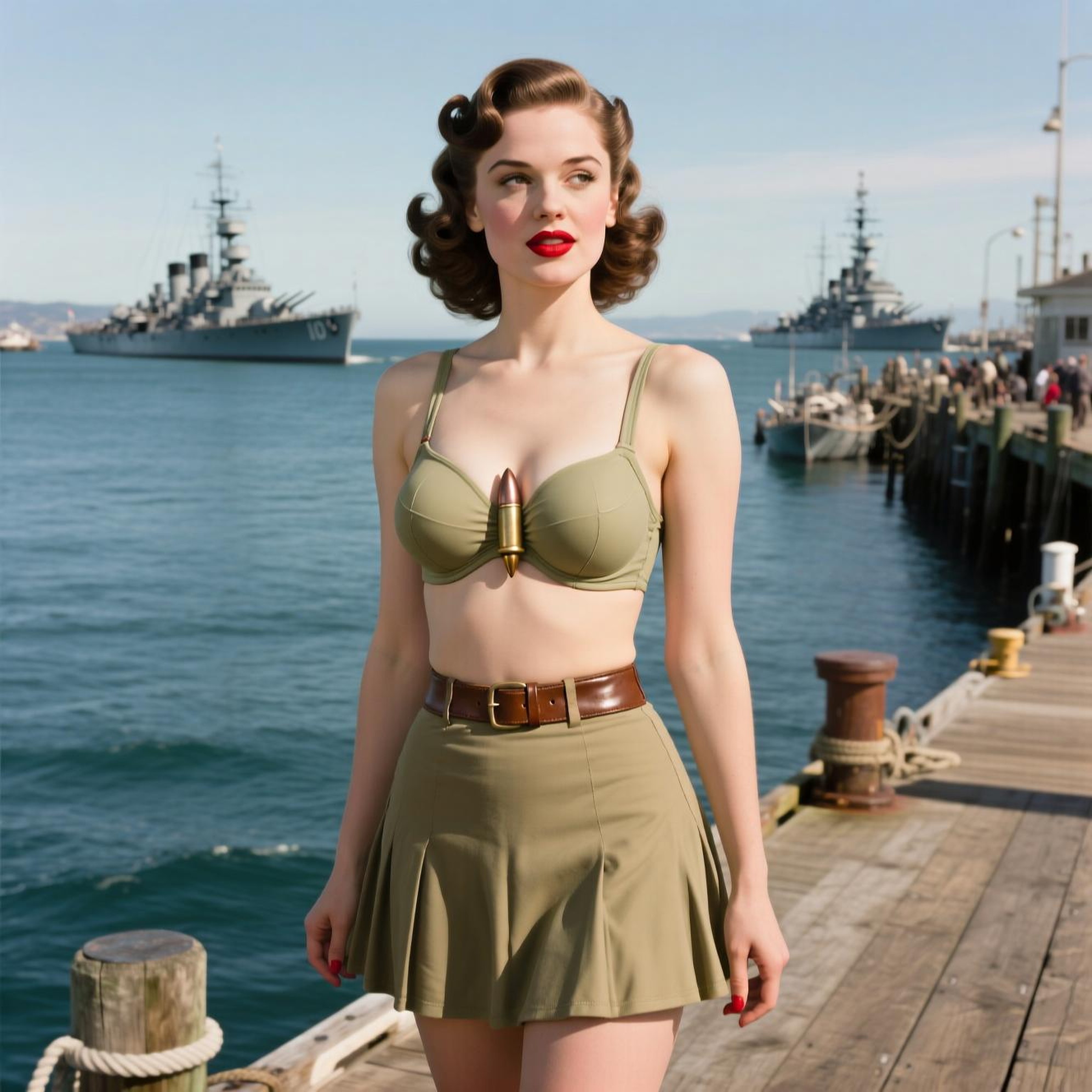 Make research first, how "bullet bra" looks like,br /then generate:br /1940s in America, 22-years old pin up girl, woman dressed