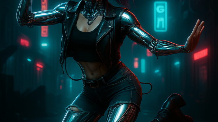 Une femme androïde cyborg, rendu dans le style d’une photographie futuriste par Annie Leibovitz, debout dans une ruelle faiblement éclairée