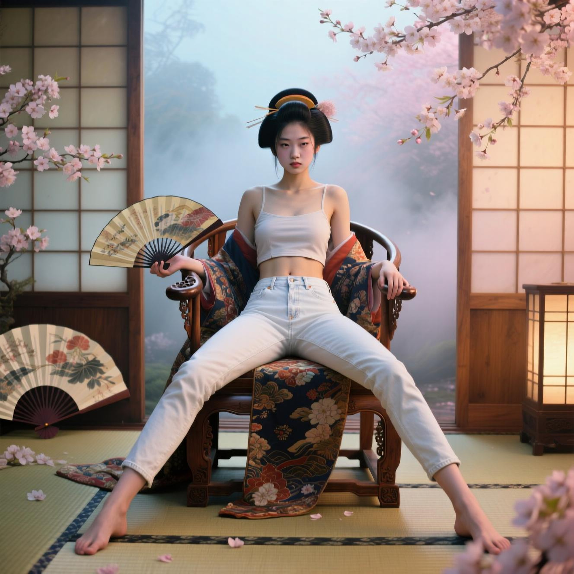 Young Japanese geisha woman, 18, in fitted low-waisted white jeans, small low-cut crop top, sitting confidently on ornate chair, legs