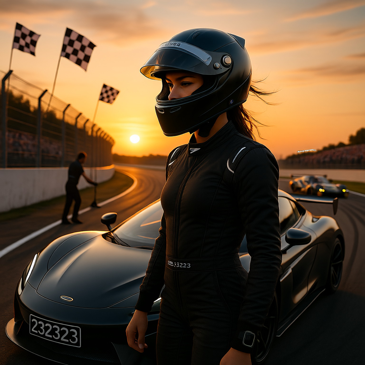 Create a hyper realistic image of a determined girl, clad in a sleek racing suit and helmet, preparing to enter
