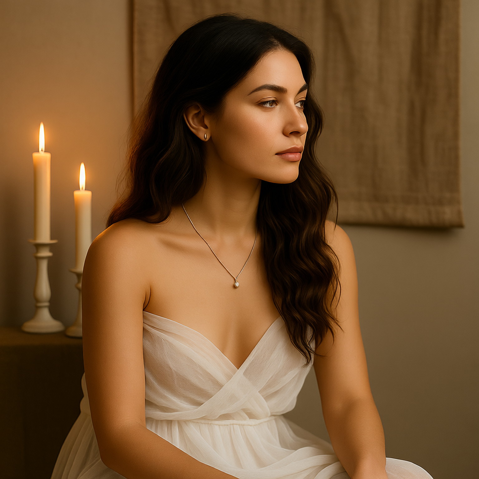 The image depicts a woman seated and looking to her right with a serene and contemplative expression. Her hair is