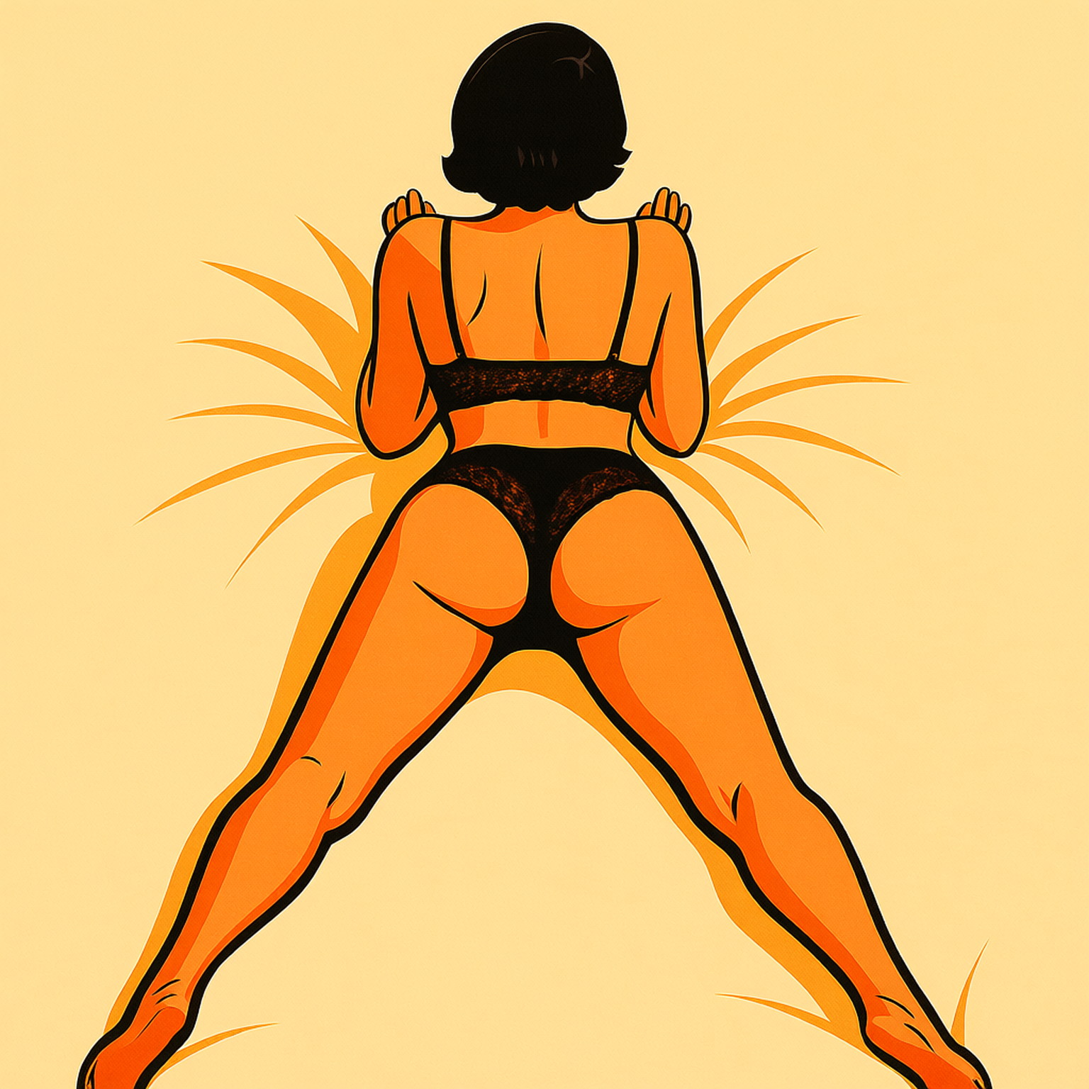 View from above and behind, wide angle, woman lying on a bed, black lace, skimpy thongs, legs spread wide apart