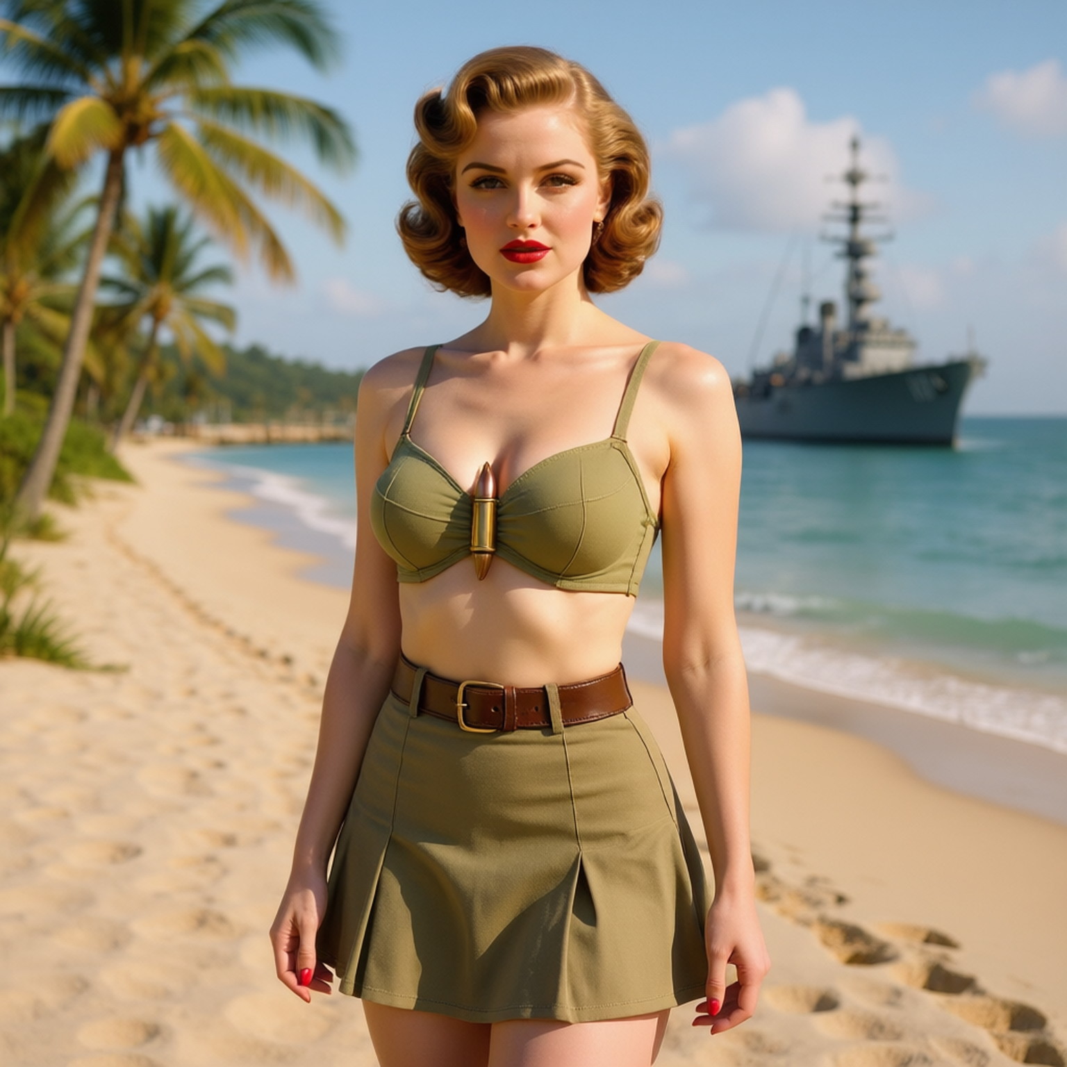 Colorful old photography:br /1940s in America, 22-years old blonde pin up girl, woman dressed in military bikini with khaki "bullet