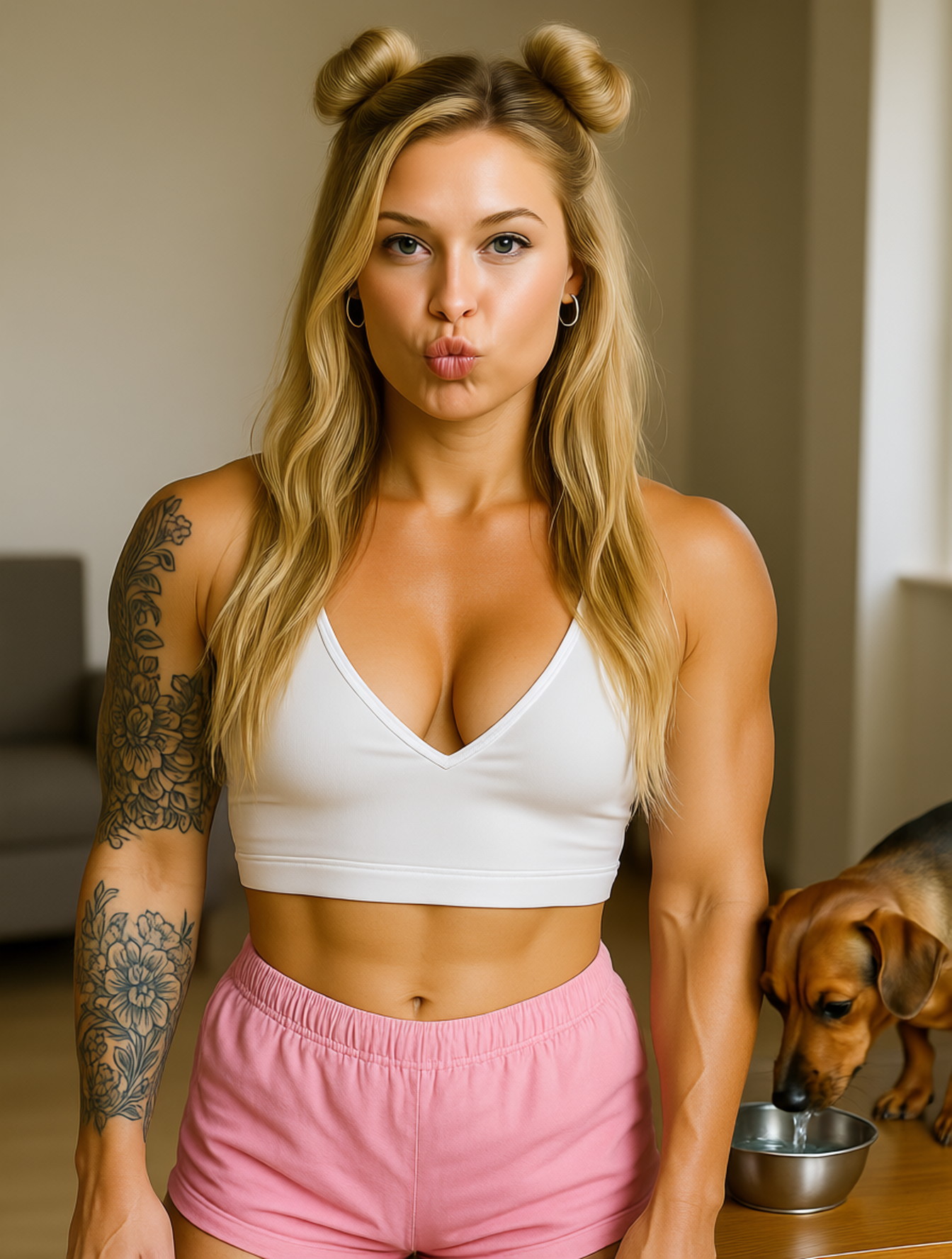 Create a photorealistic image that shows a woman with long, blonde hair styled in loose waves, with two small buns