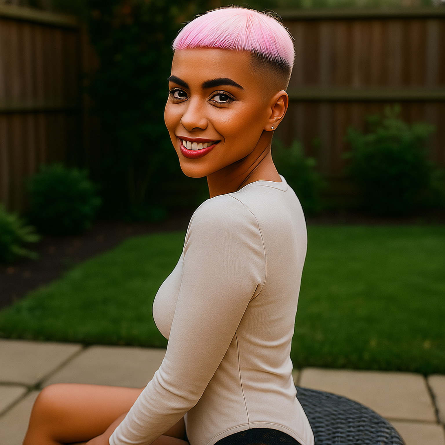 Recursive photo of petite young woman, platinum pixie cut, pink highlights, one side shaved, dark tan, sits on a backyard