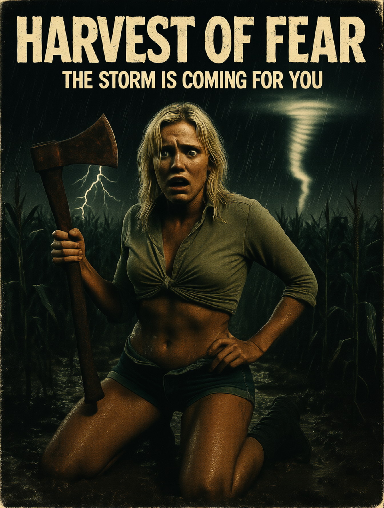 1980s retro B-class horror movie poster. A terrified blonde American young adult with perky nose