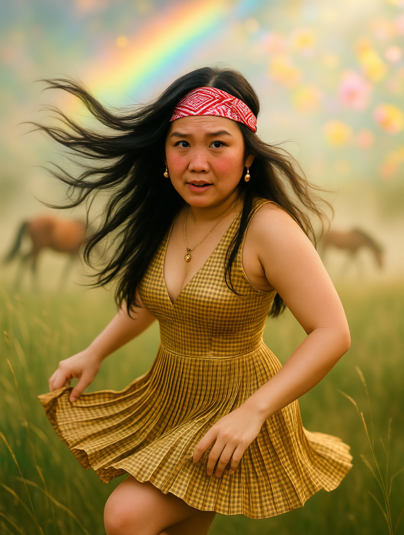 A 3:4 close-up of a young Indonesian woman in a playful mid-dance pose. Wind sweeps her long wavy black hair