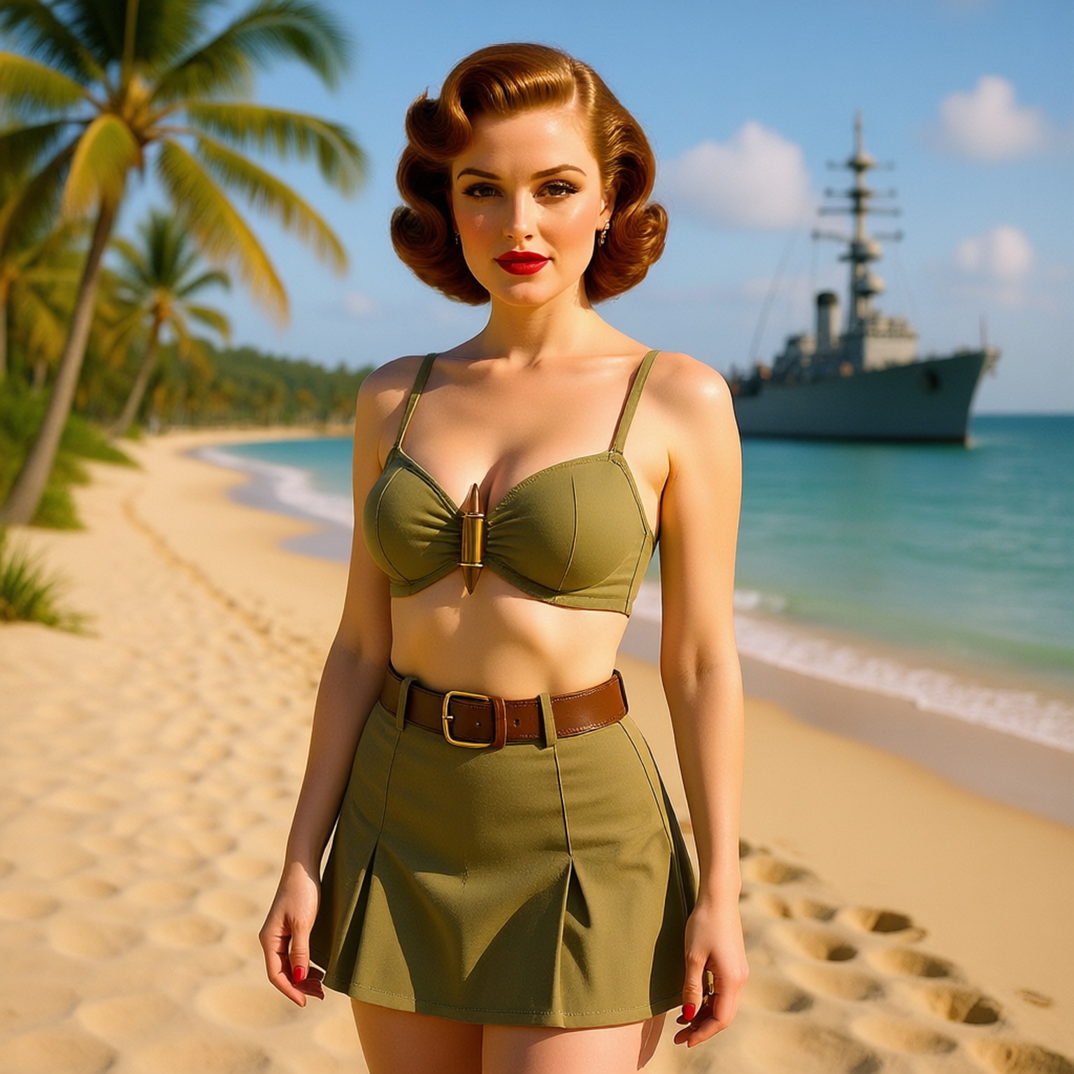 Colorful old photography:br /1950s in America, 22-years old ginger pin up girl, woman dressed in military bikini with khaki "bullet