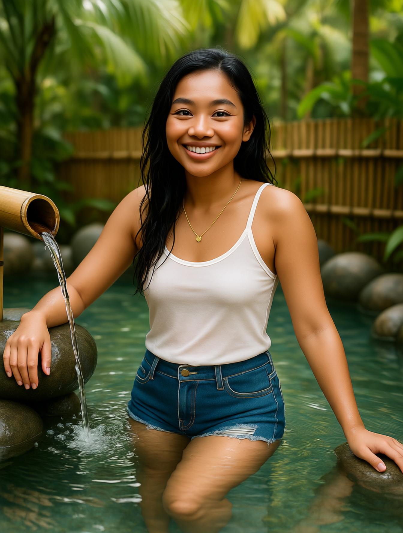Portrait of a beautiful young Indonesian woman, radiant and serene, standing in a natural hot spring pool, her slender legs