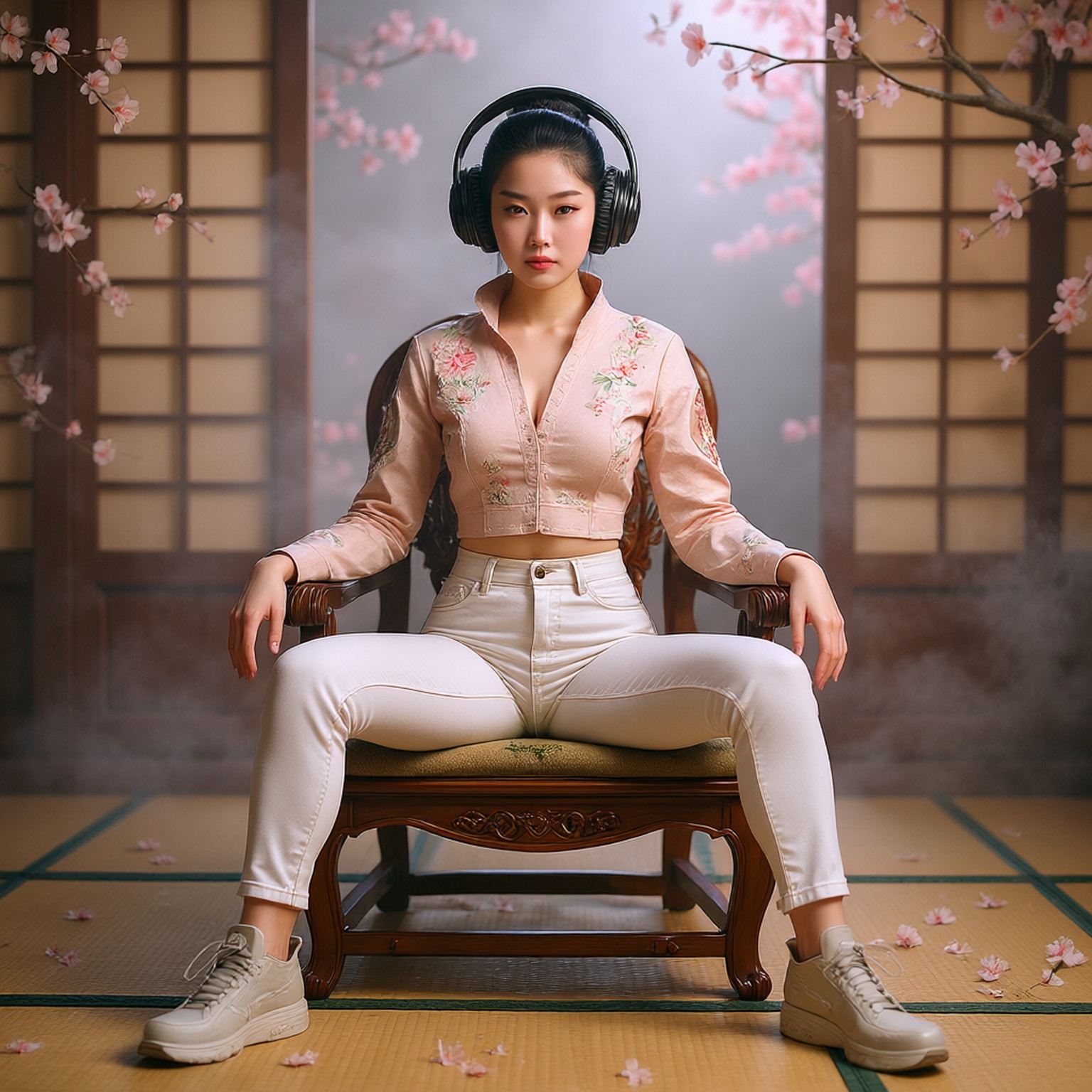 Young Japanese geisha woman, 18, in fitted low-waisted white jeans, small low-cut crop top, sitting confidently on ornate chair, legs