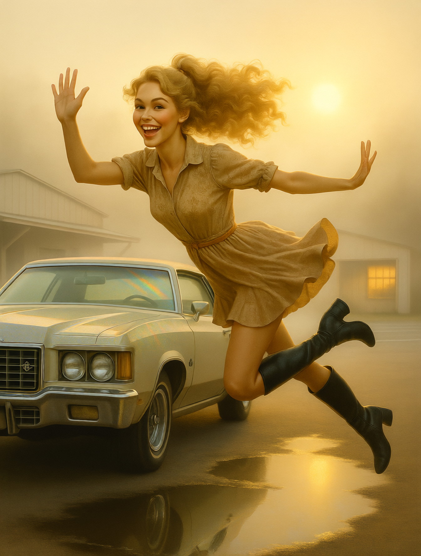 Very hot painterly tone. Detailed, attractive, petite, young college-age woman with wearing a hippie light mini dress in the 60s