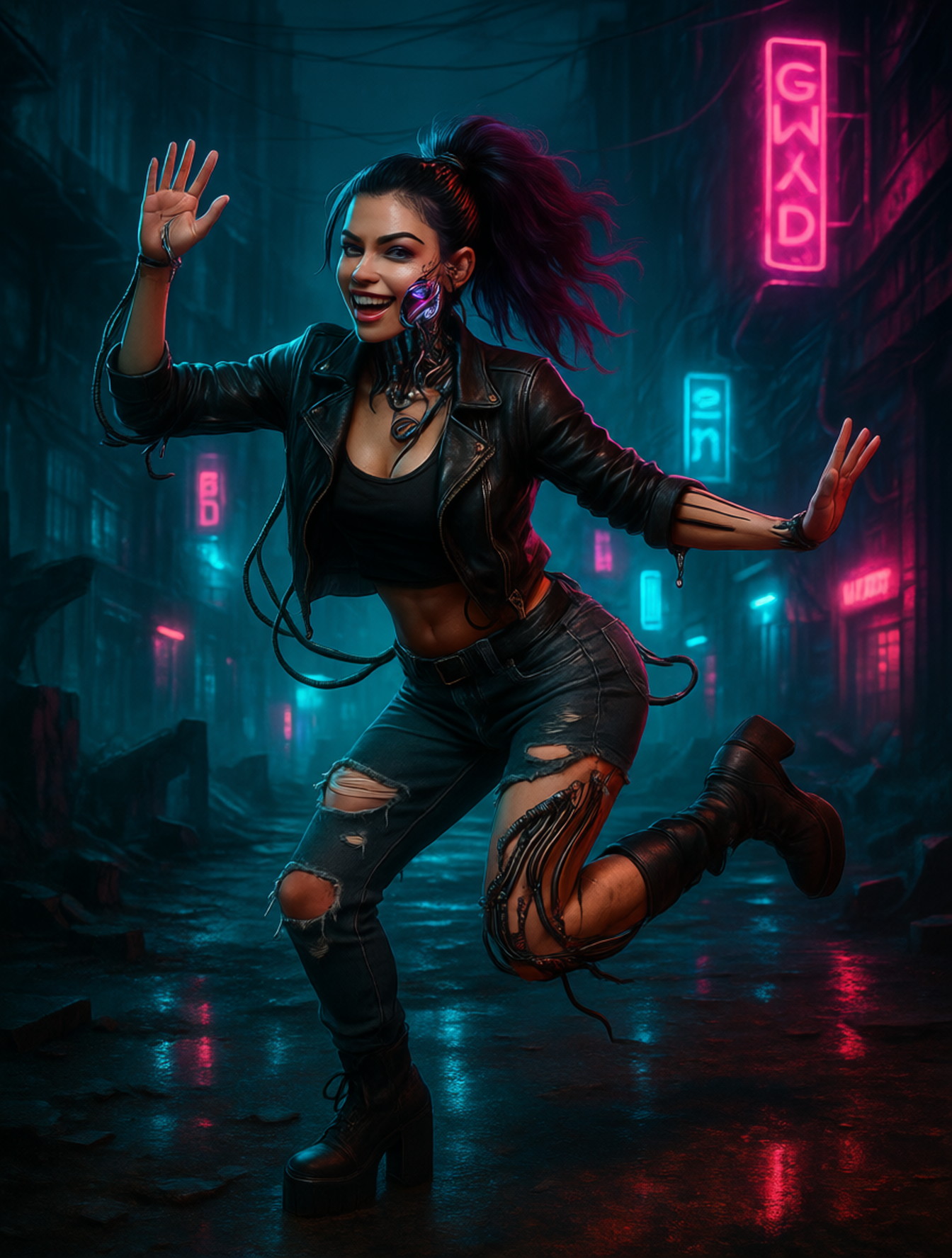 Sexy punk in a dirty Ghetto street, ruins, cyberpunk, bioimplants, cable come out of her body