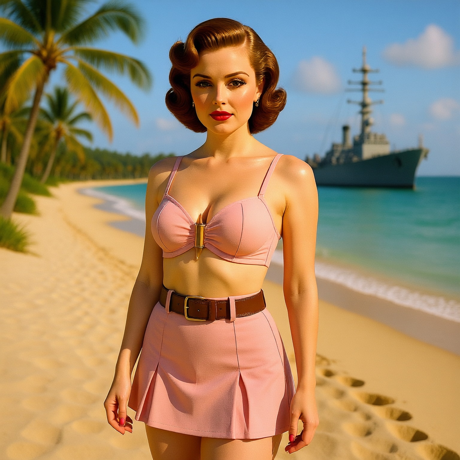 Make research first, how "bullet bra" looks like, then generate:br /Colorful old photography:br /late 1950s in America, 22-years old pin