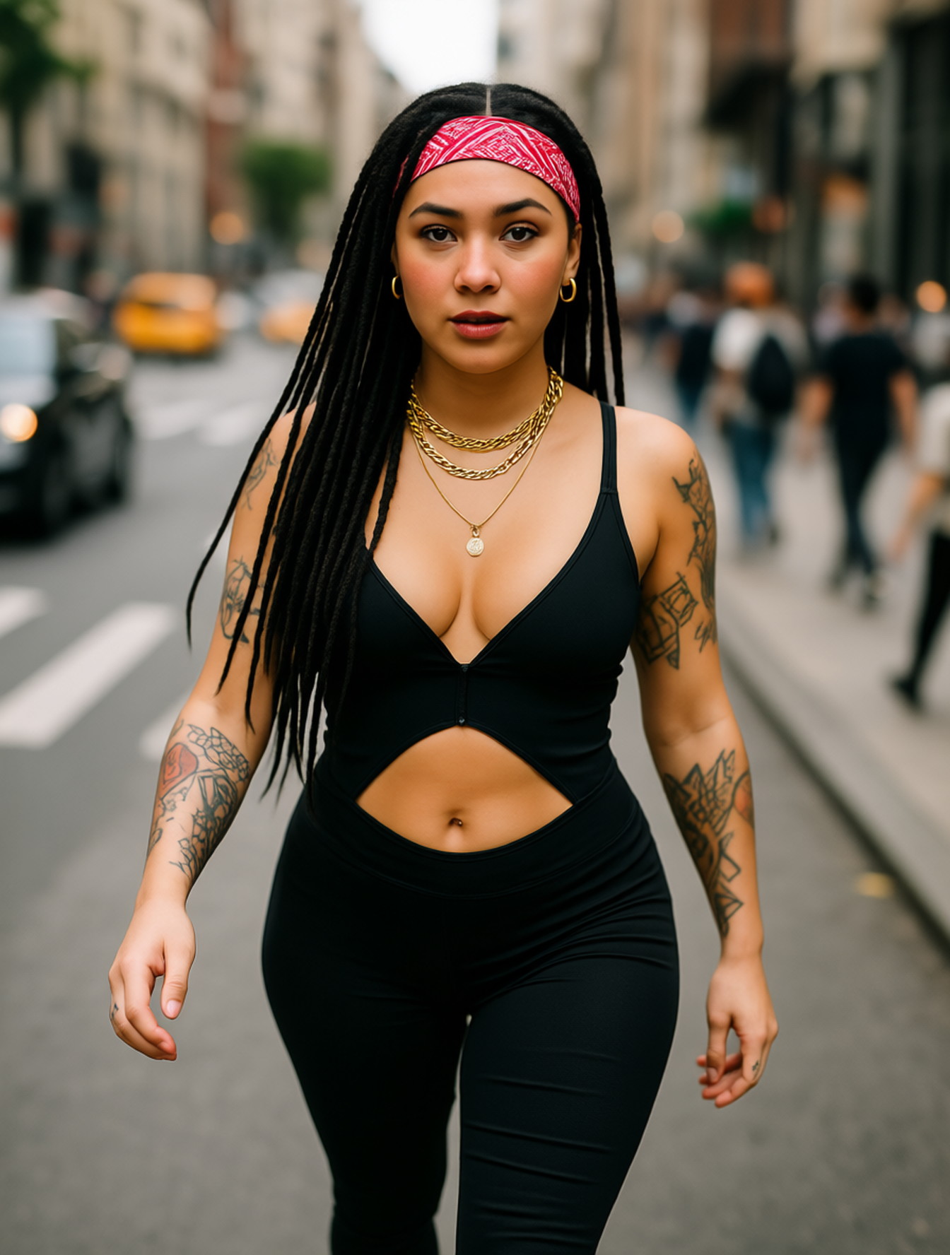 Sexy 23 year old european girl, full body shot, dreadlocks, facing viewer, walking, sexy tight clothes, lots of gold chains