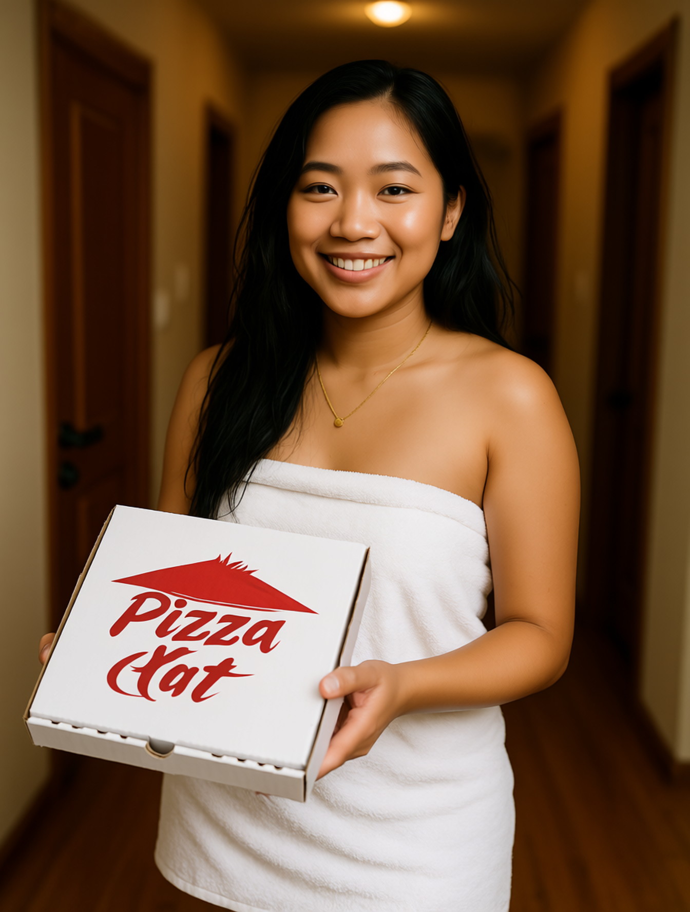 Ultra-realistic vertical photo of a Indonesian young woman standing indoors, holding a Pizza Hut delivery box toward the viewer. She