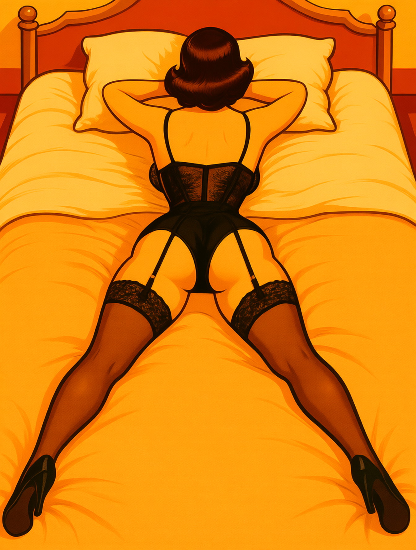 View from above and behind, wide angle, woman lying on a bed showing back, zmysłowa poza, black lace, skimpy thongs