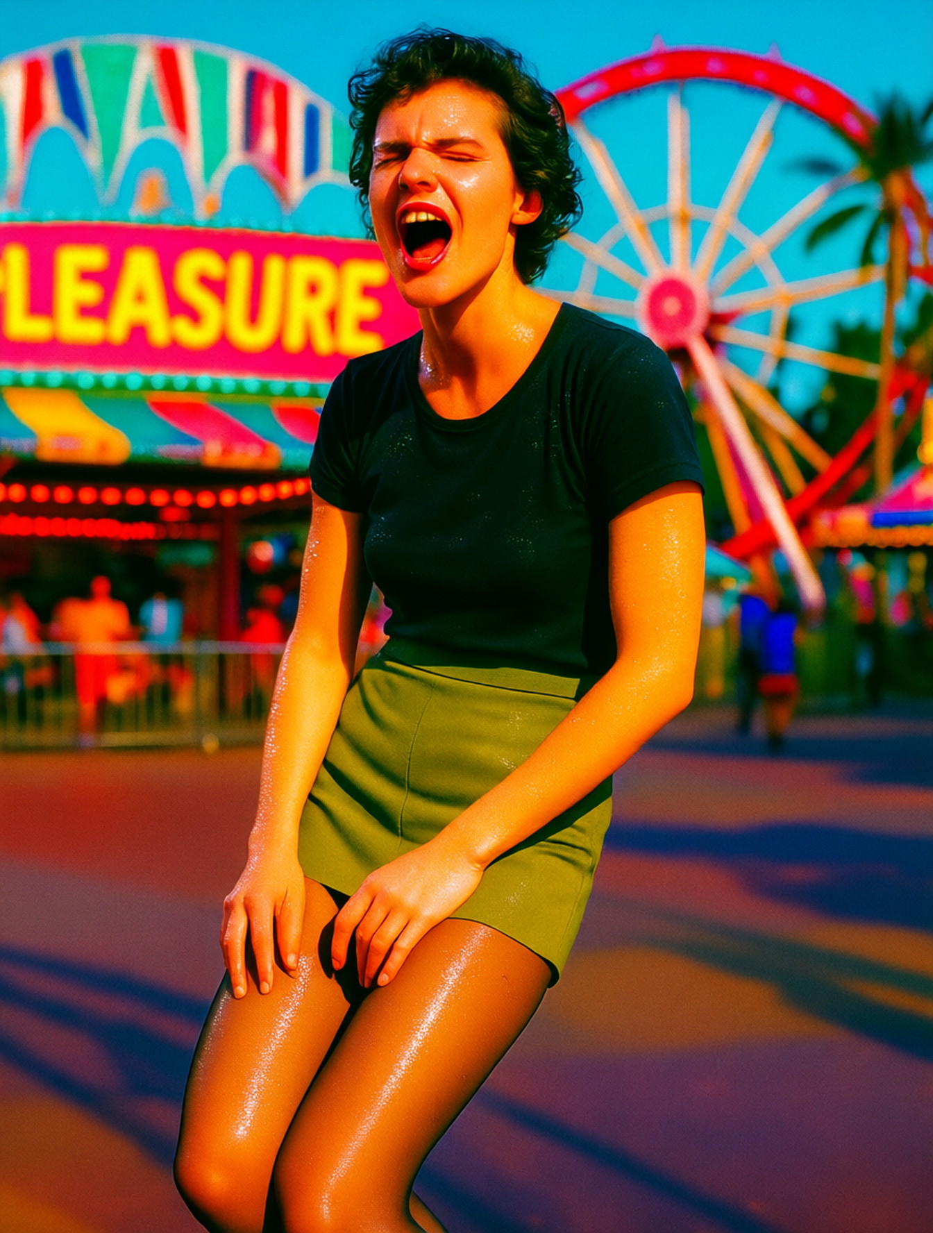 A funky, experimental analog photograph captured on Lomography Color Negative film, late 1990s. br /In a bold, high-fashion photograph, a woman