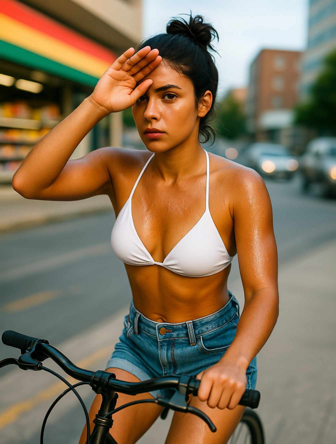 Young woman, messy bun hair, white bikini, short denim pants, sweat all over her body, riding a bike, left hand
