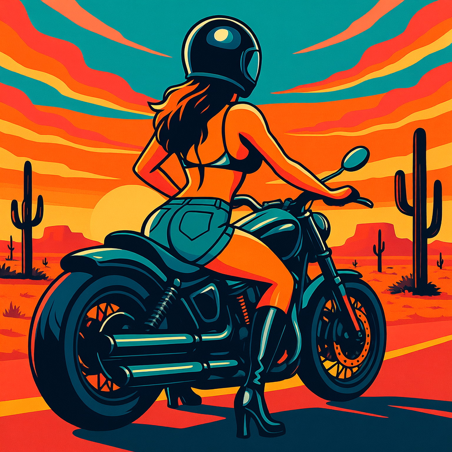 Une femme sexy et glamour vue de dos roule sur une grande moto custom sur une route déserte au coucher