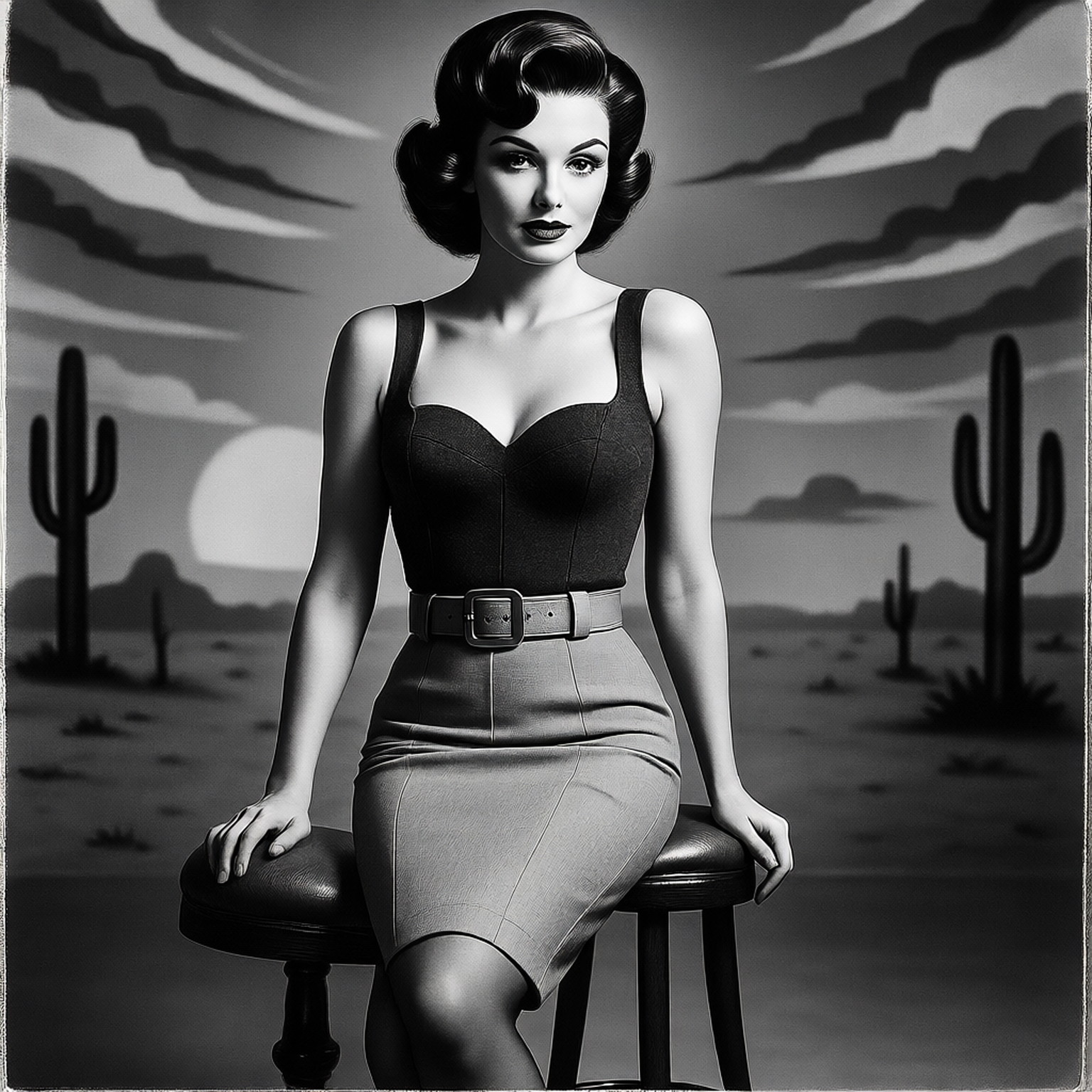 Create an image of a woman in a 1950s style, wearing a highly distinctive bullet bra with a strongly pointed