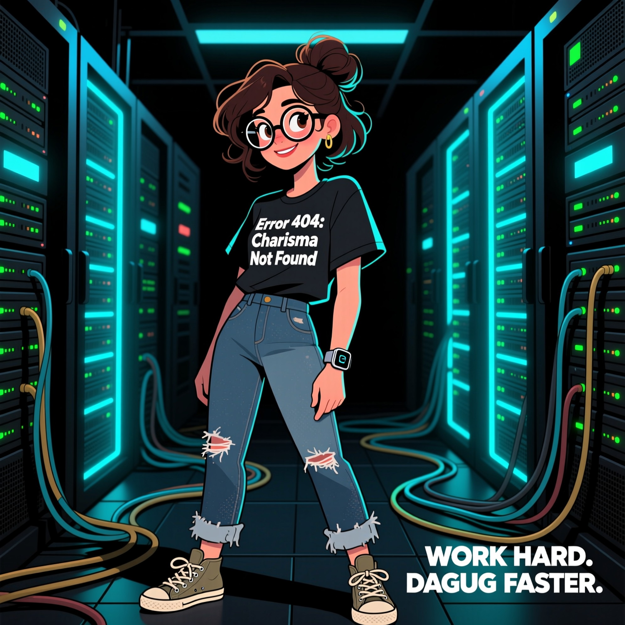 1/A simple sketch in early 2020s „nerdy chic” style of a 20-years old young woman