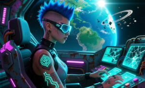 A beautiful 19 year old girl Mohawk, half shaved head, lots of tattoos in a chair piloting a spaceship orbiting