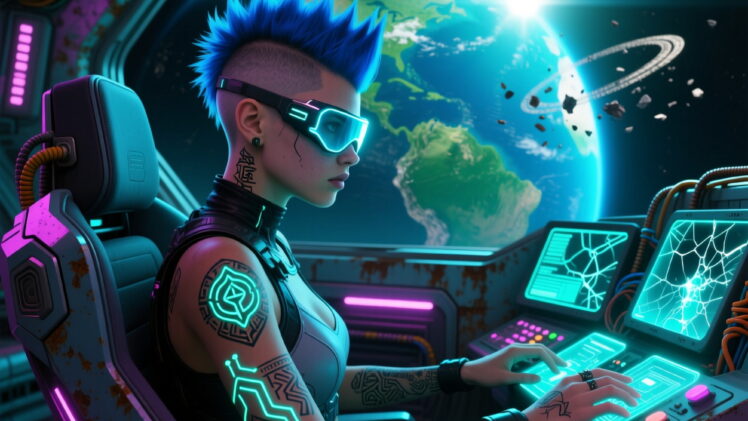 A beautiful 19 year old girl Mohawk, half shaved head, lots of tattoos in a chair piloting a spaceship orbiting
