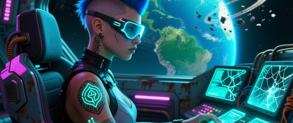 A beautiful 19 year old girl Mohawk, half shaved head, lots of tattoos in a chair piloting a spaceship orbiting