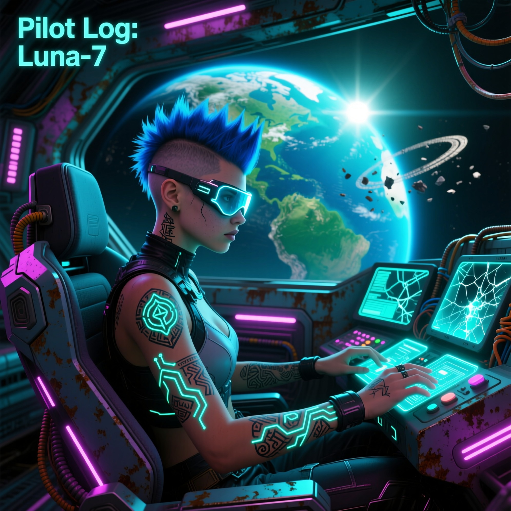 A beautiful 19 year old girl Mohawk, half shaved head, lots of tattoos in a chair piloting a spaceship orbiting